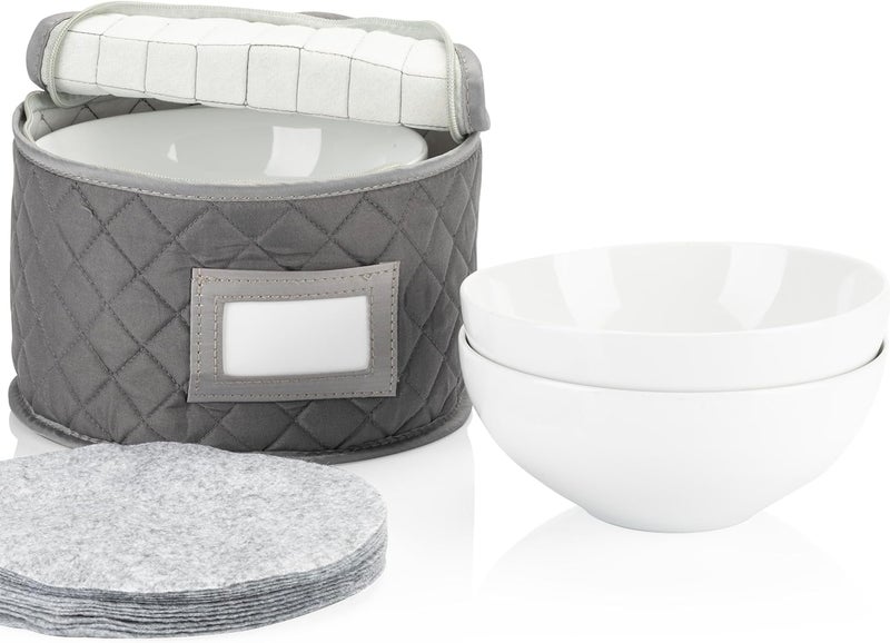 Stack Store Plus More China Storage Quilted Case for Dessert Plate, Bowls, Small Plate or Saucer - 8" W x 6" H - Gray - Includes 12 Felt Separators - Image 1